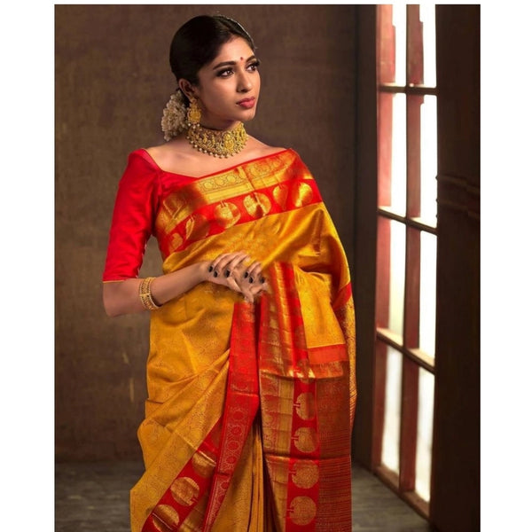 Mustard Yellow Soft Litchi Silk Saree with Jacquard Work - Vibrant Traditional Saree with Unstitched Blouse