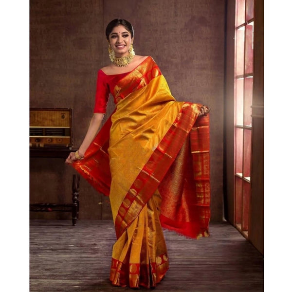 Mustard Yellow Soft Litchi Silk Saree with Jacquard Work - Vibrant Traditional Saree with Unstitched Blouse