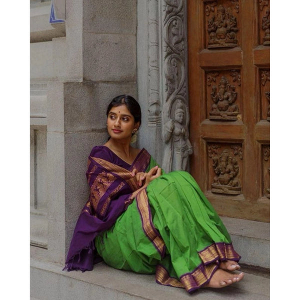 Dark Green Soft Litchi Silk Saree with Jacquard Work - Rich Traditional Saree with Unstitched Blouse