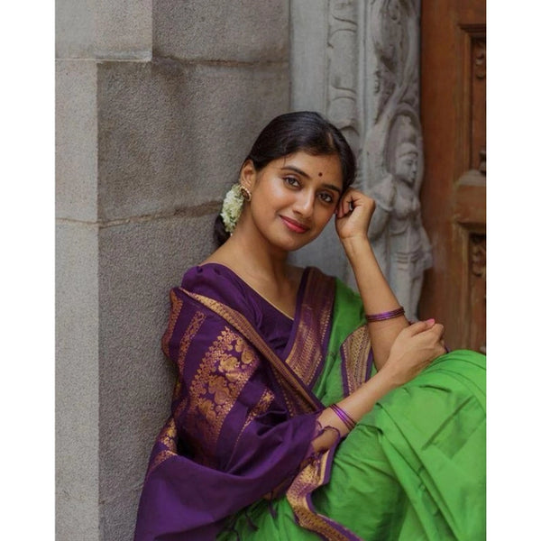Dark Green Soft Litchi Silk Saree with Jacquard Work - Rich Traditional Saree with Unstitched Blouse
