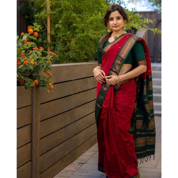 Red Soft Litchi Silk Saree with Jacquard Work - Premium Wedding Saree with Unstitched Blouse