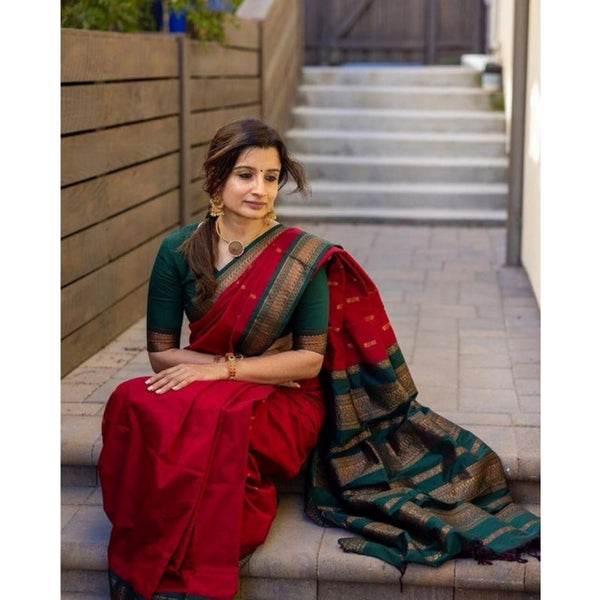 Red Soft Litchi Silk Saree with Jacquard Work - Premium Wedding Saree with Unstitched Blouse