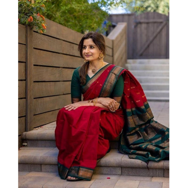 Red Soft Litchi Silk Saree with Jacquard Work - Premium Wedding Saree with Unstitched Blouse