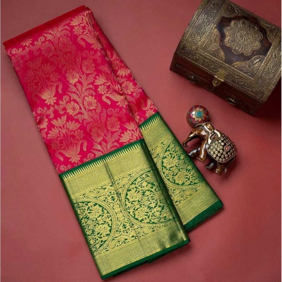 Red Soft Litchi Silk Saree with Jacquard Work - Traditional Wedding Saree with Unstitched Blouse
