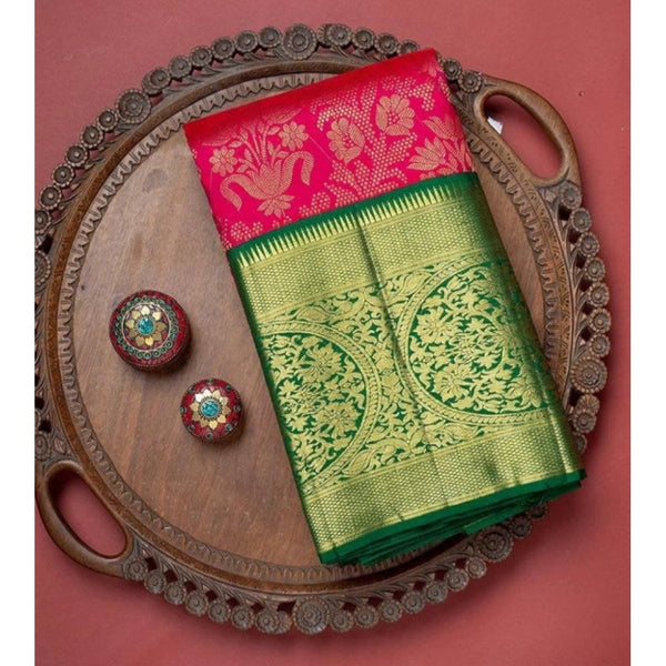 Red Soft Litchi Silk Saree with Jacquard Work - Traditional Wedding Saree with Unstitched Blouse