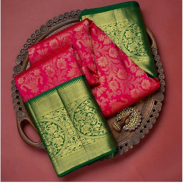 Red Soft Litchi Silk Saree with Jacquard Work - Traditional Wedding Saree with Unstitched Blouse