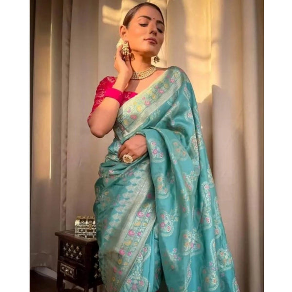 Sky Blue Soft Litchi Silk Saree with Jacquard Work - Elegant Traditional Saree with Unstitched Blouse