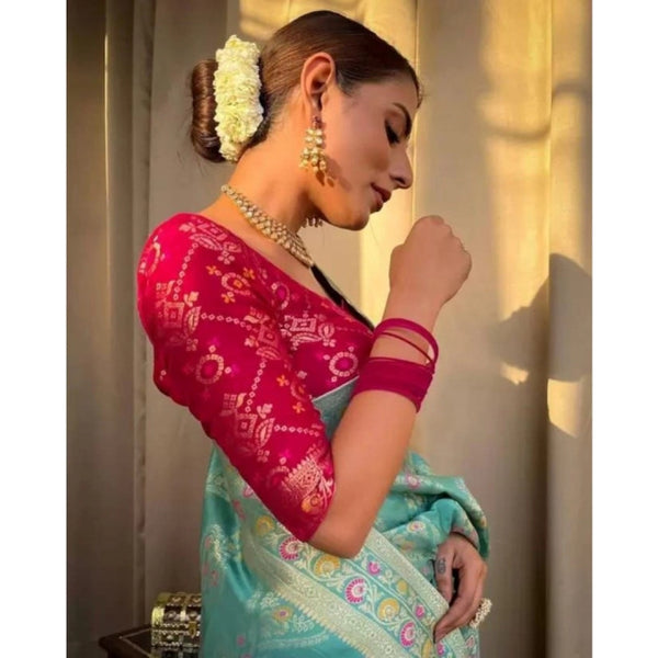 Sky Blue Soft Litchi Silk Saree with Jacquard Work - Elegant Traditional Saree with Unstitched Blouse