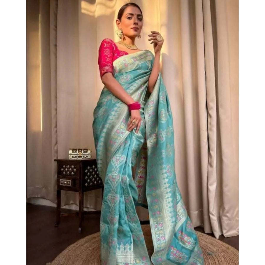 Sky Blue Soft Litchi Silk Saree with Jacquard Work - Elegant Traditional Saree with Unstitched Blouse