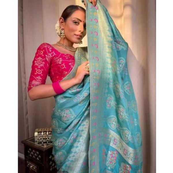 Sky Blue Soft Litchi Silk Saree with Jacquard Work - Elegant Traditional Saree with Unstitched Blouse