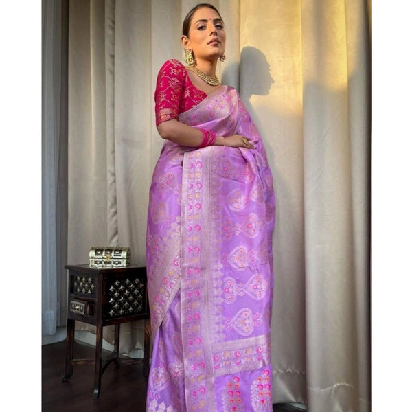 Lavender Soft Litchi Silk Saree with Jacquard Work - Elegant Traditional Saree with Unstitched Blouse