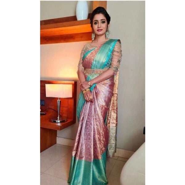 Light Pink Soft Litchi Silk Saree with Jacquard Work - Romantic Traditional Saree with Unstitched Blouse