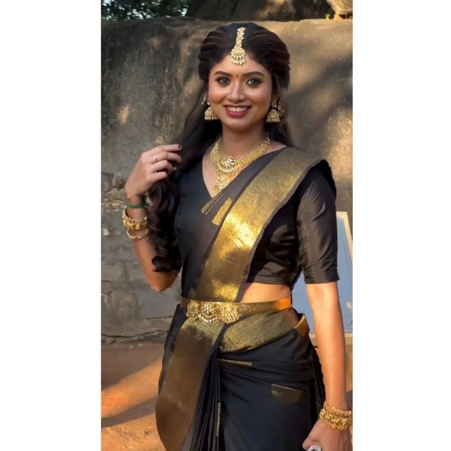 Black Soft Litchi Silk Saree with Jacquard Work - Premium Traditional Saree with Unstitched Blouse