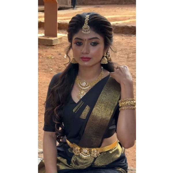 Black Soft Litchi Silk Saree with Jacquard Work - Premium Traditional Saree with Unstitched Blouse