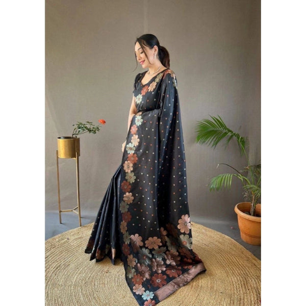 Black Soft Litchi Silk Saree with Jacquard Work - Elegant Traditional Saree with Unstitched Blouse