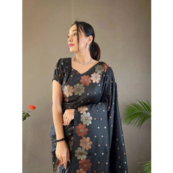 Black Soft Litchi Silk Saree with Jacquard Work - Elegant Traditional Saree with Unstitched Blouse