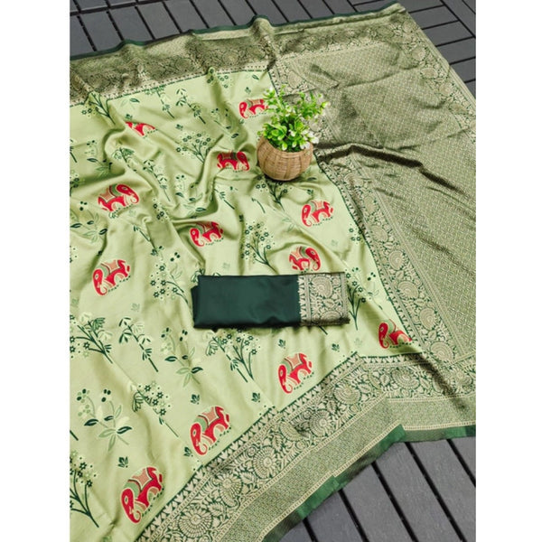 Light Green Soft Litchi Silk Saree with Jacquard Work - Fresh Traditional Saree with Unstitched Blouse