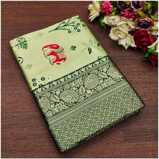 Light Green Soft Litchi Silk Saree with Jacquard Work - Fresh Traditional Saree with Unstitched Blouse