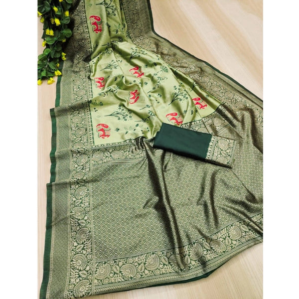Light Green Soft Litchi Silk Saree with Jacquard Work - Fresh Traditional Saree with Unstitched Blouse