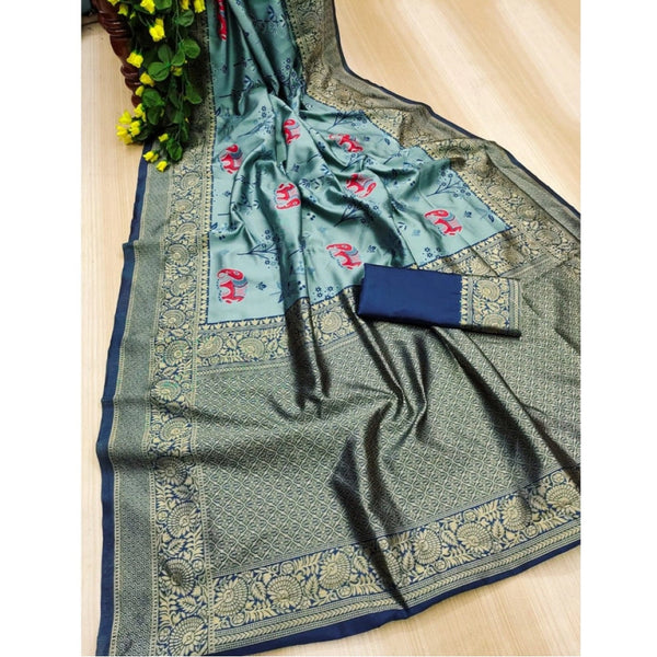 Light Blue Soft Litchi Silk Saree with Jacquard Work - Elegant Traditional Saree with Unstitched Blouse