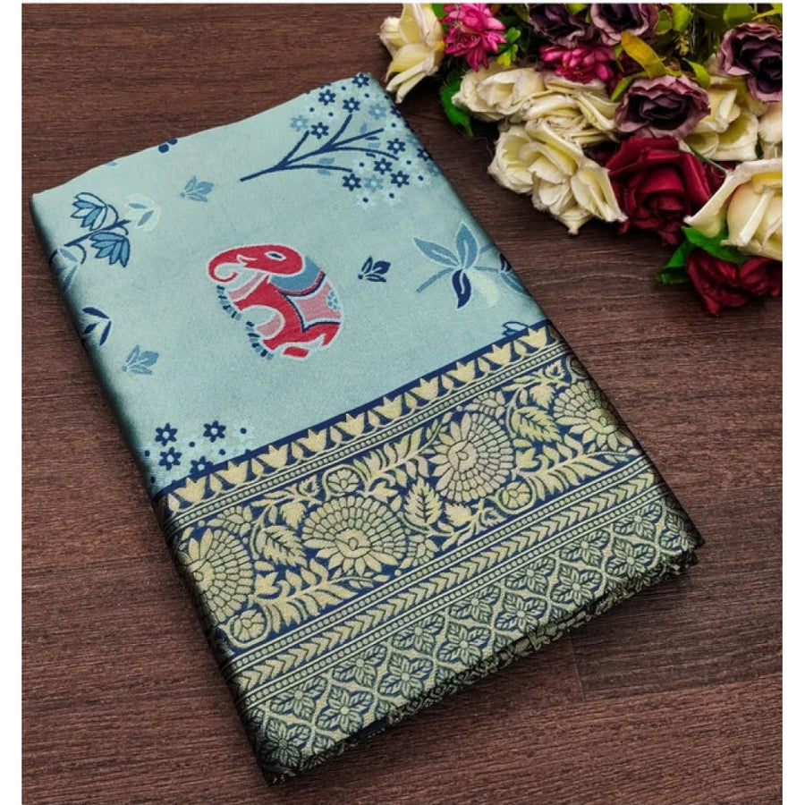 Light Blue Soft Litchi Silk Saree with Jacquard Work - Elegant Traditional Saree with Unstitched Blouse