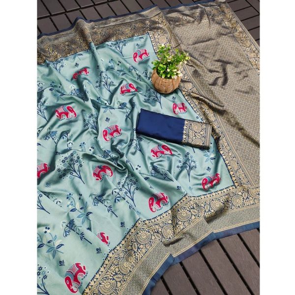 Light Blue Soft Litchi Silk Saree with Jacquard Work - Elegant Traditional Saree with Unstitched Blouse