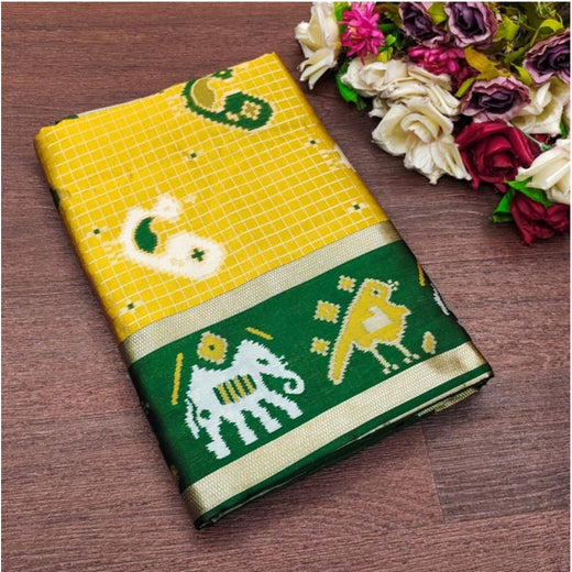Yellow-Green Soft Litchi Silk Saree with Jacquard Work - Vibrant Traditional Saree with Unstitched Blouse