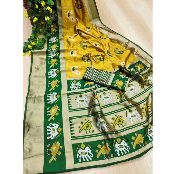 Yellow-Green Soft Litchi Silk Saree with Jacquard Work - Vibrant Traditional Saree with Unstitched Blouse