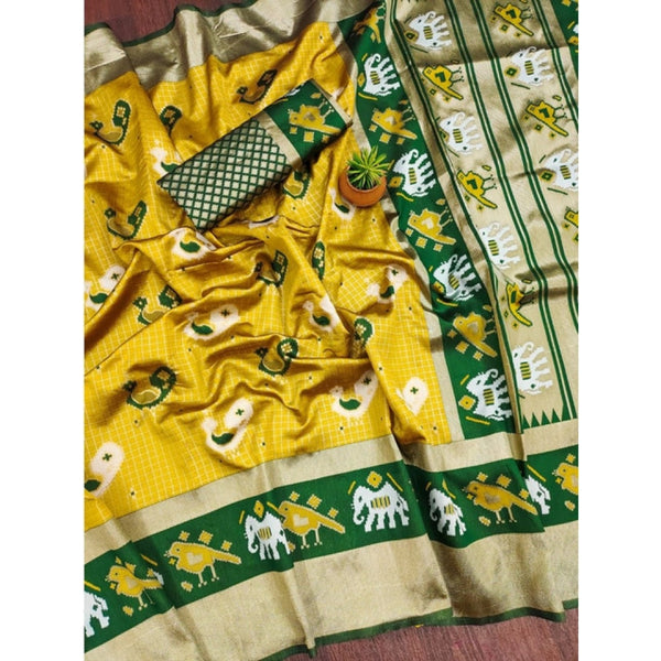 Yellow-Green Soft Litchi Silk Saree with Jacquard Work - Vibrant Traditional Saree with Unstitched Blouse