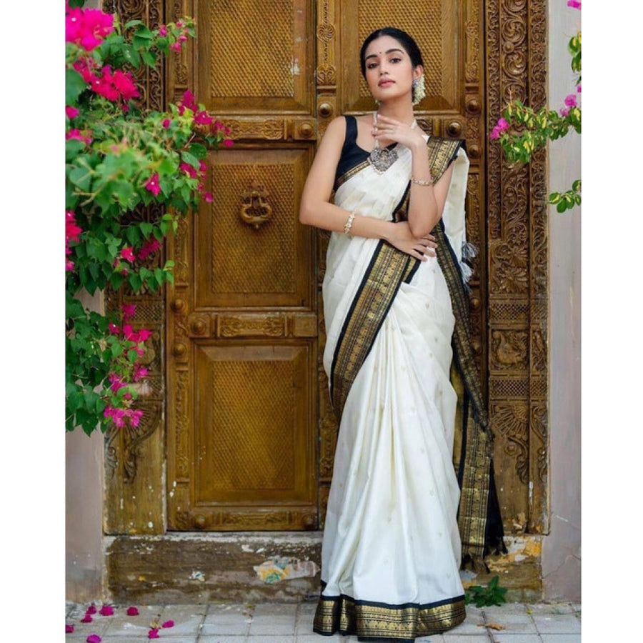 White Soft Litchi Silk Saree with Jacquard Work - Elegant Traditional Saree with Unstitched Blouse