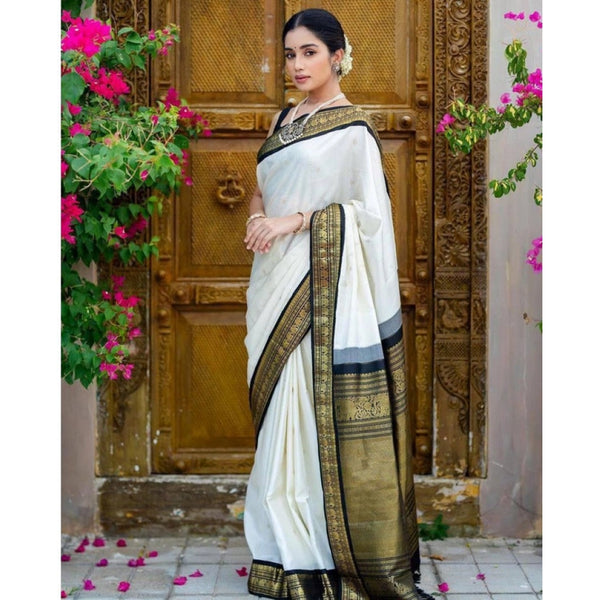 White Soft Litchi Silk Saree with Jacquard Work - Elegant Traditional Saree with Unstitched Blouse