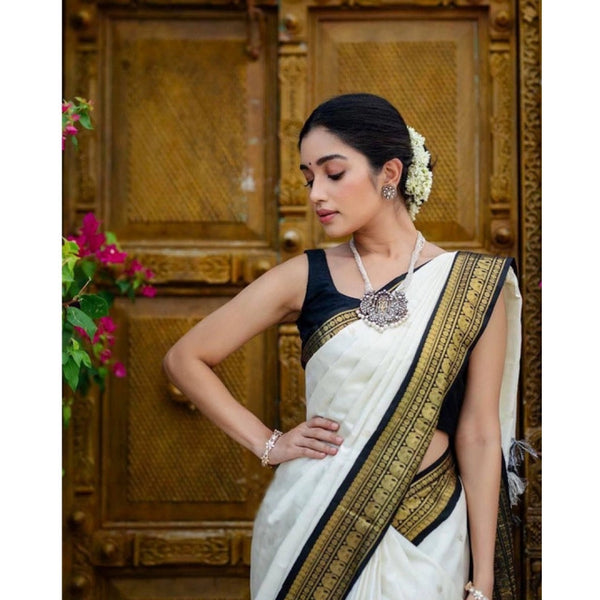 White Soft Litchi Silk Saree with Jacquard Work - Elegant Traditional Saree with Unstitched Blouse