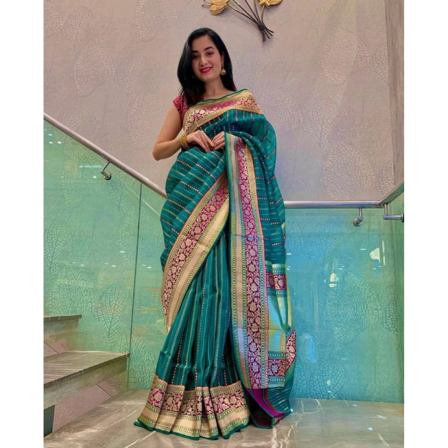 Green Soft Litchi Silk Saree with Jacquard Work - Premium Traditional Saree with Unstitched Blouse