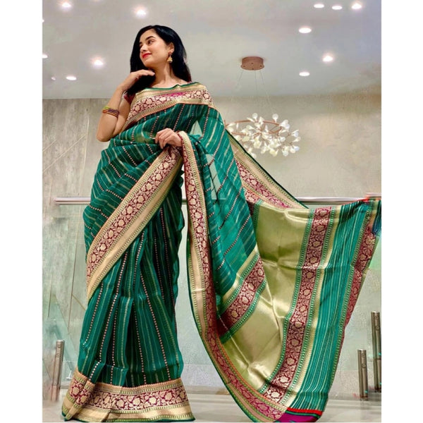 Green Soft Litchi Silk Saree with Jacquard Work - Premium Traditional Saree with Unstitched Blouse