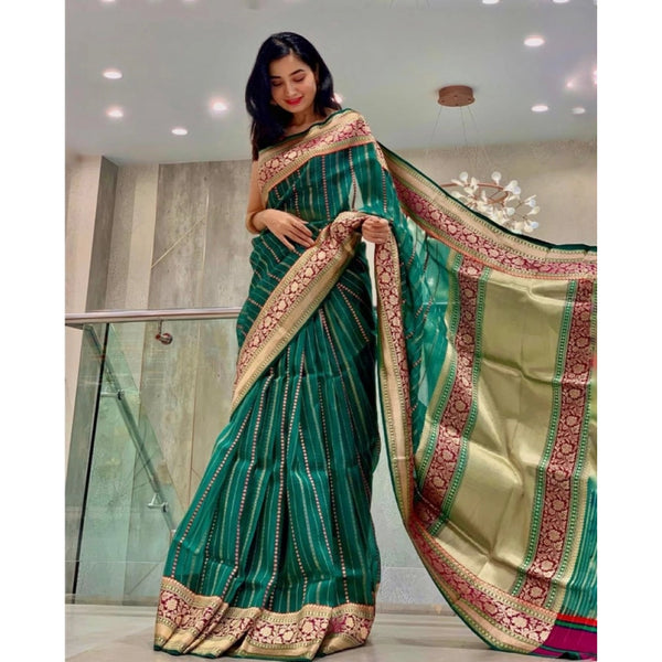 Green Soft Litchi Silk Saree with Jacquard Work - Premium Traditional Saree with Unstitched Blouse