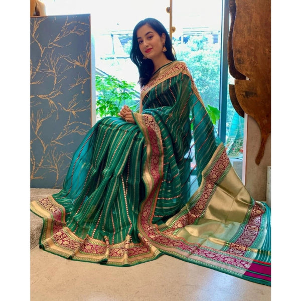 Green Soft Litchi Silk Saree with Jacquard Work - Premium Traditional Saree with Unstitched Blouse