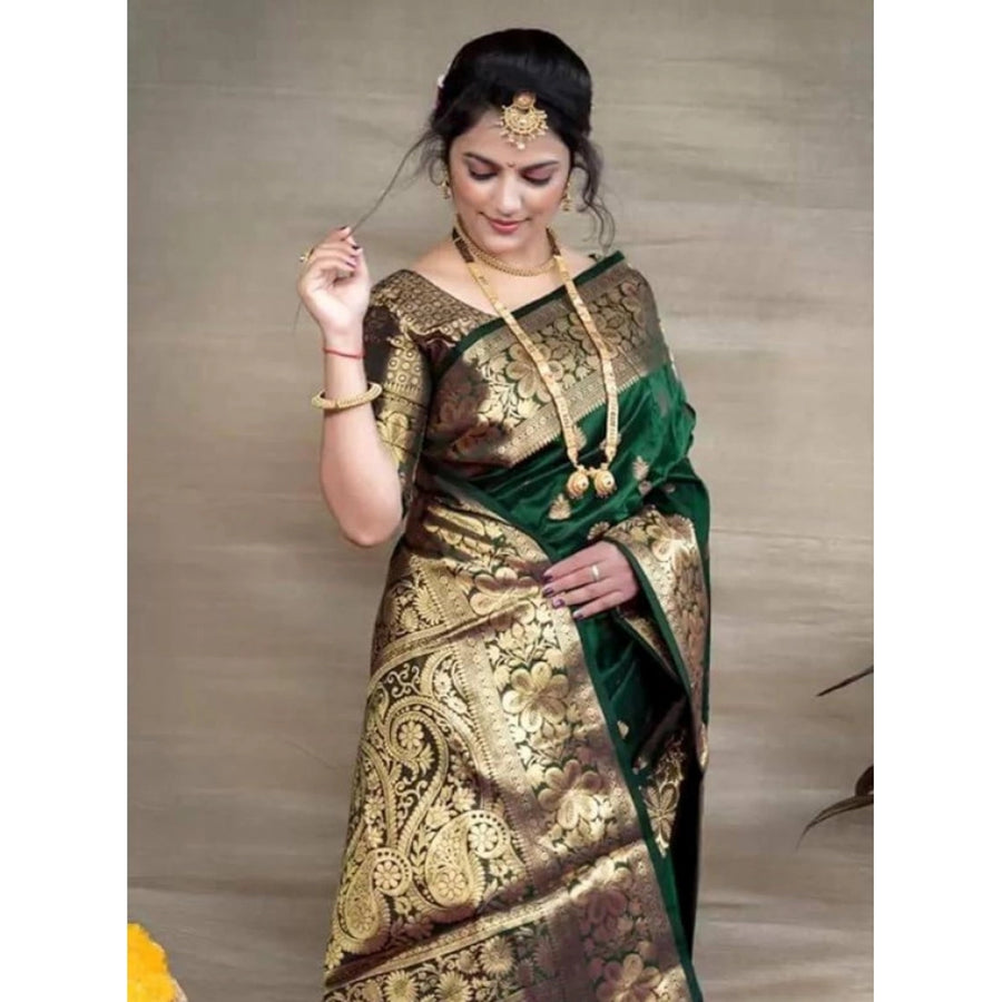 Green Soft Litchi Silk Saree with Jacquard Work - Elegant Traditional Saree with Unstitched Blouse