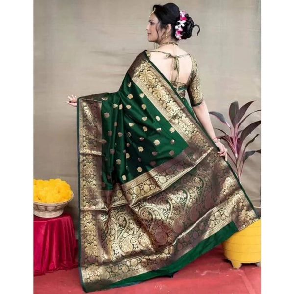 Green Soft Litchi Silk Saree with Jacquard Work - Elegant Traditional Saree with Unstitched Blouse