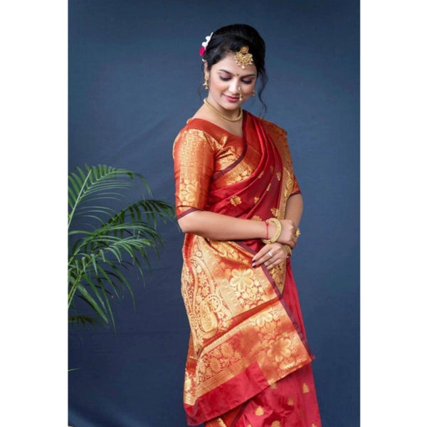 Red Soft Litchi Silk Saree with Jacquard Work - Elegant Traditional Saree with Unstitched Blouse