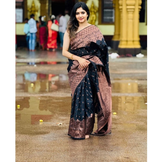 Black Soft Litchi Silk Saree with Jacquard Work - Elegant Party Wear Saree with Unstitched Blouse