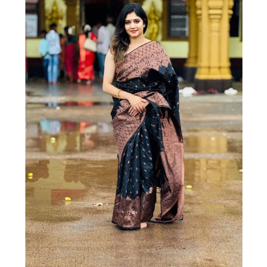 Black Soft Litchi Silk Saree with Jacquard Work - Elegant Party Wear Saree with Unstitched Blouse