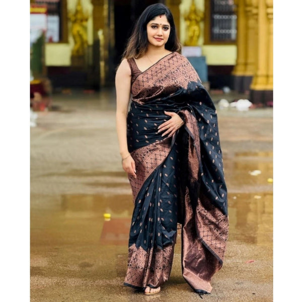 Black Soft Litchi Silk Saree with Jacquard Work - Elegant Party Wear Saree with Unstitched Blouse