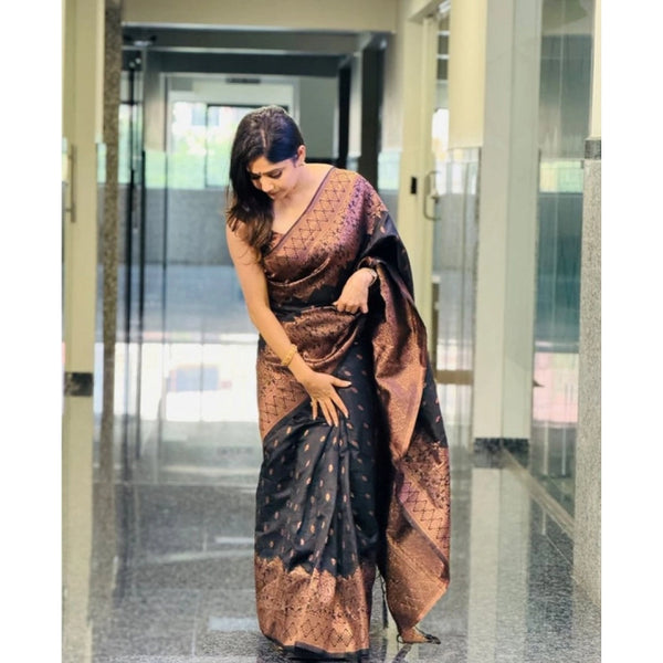 Black Soft Litchi Silk Saree with Jacquard Work - Elegant Party Wear Saree with Unstitched Blouse