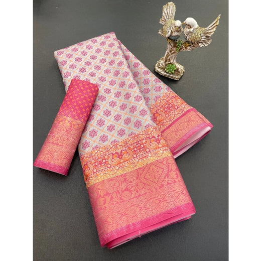 Pink Soft Dola Cotton Printed Saree - Comfortable Daily Wear Saree with Unstitched Blouse