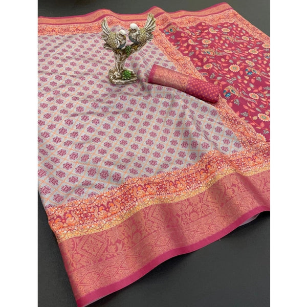 Pink Soft Dola Cotton Printed Saree - Comfortable Daily Wear Saree with Unstitched Blouse