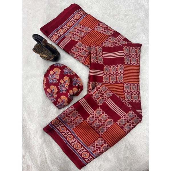 Maroon Gajji Soft Silk Printed Saree - Elegant Traditional Saree with Unstitched Blouse
