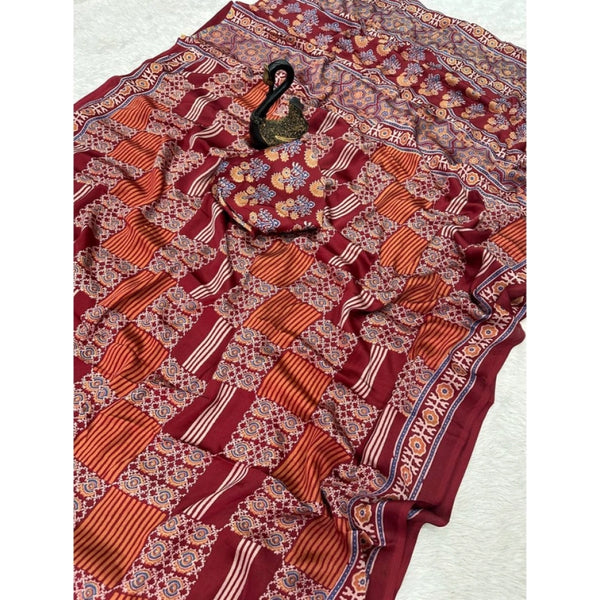 Maroon Gajji Soft Silk Printed Saree - Elegant Traditional Saree with Unstitched Blouse