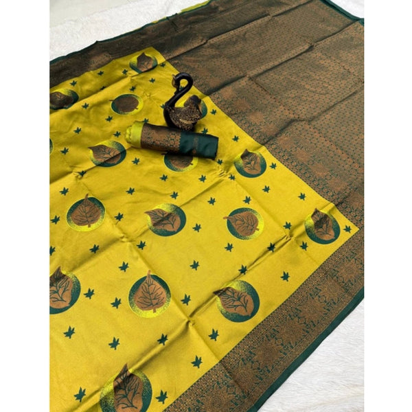 Yellow Banarasi Silk Saree with Jacquard Work - Traditional Indian Wedding Saree with Unstitched Blouse
