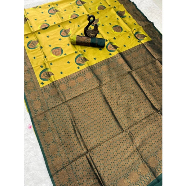 Yellow Banarasi Silk Saree with Jacquard Work - Traditional Indian Wedding Saree with Unstitched Blouse