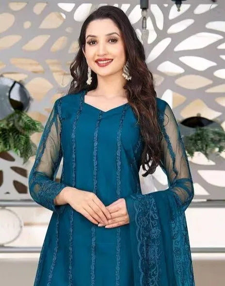 Women’s Net Kurta Set with Dupatta & Bottomwear – Ethnic Partywear Outfit